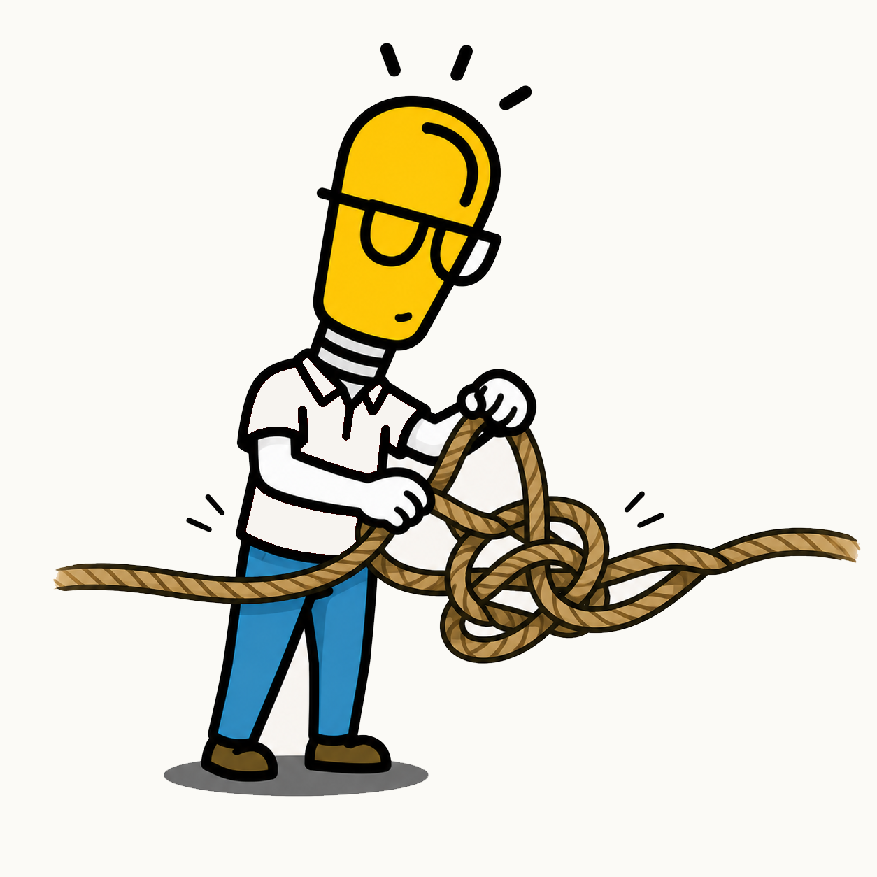 Cartoon of a person calmly working a giant tangled knot of rope